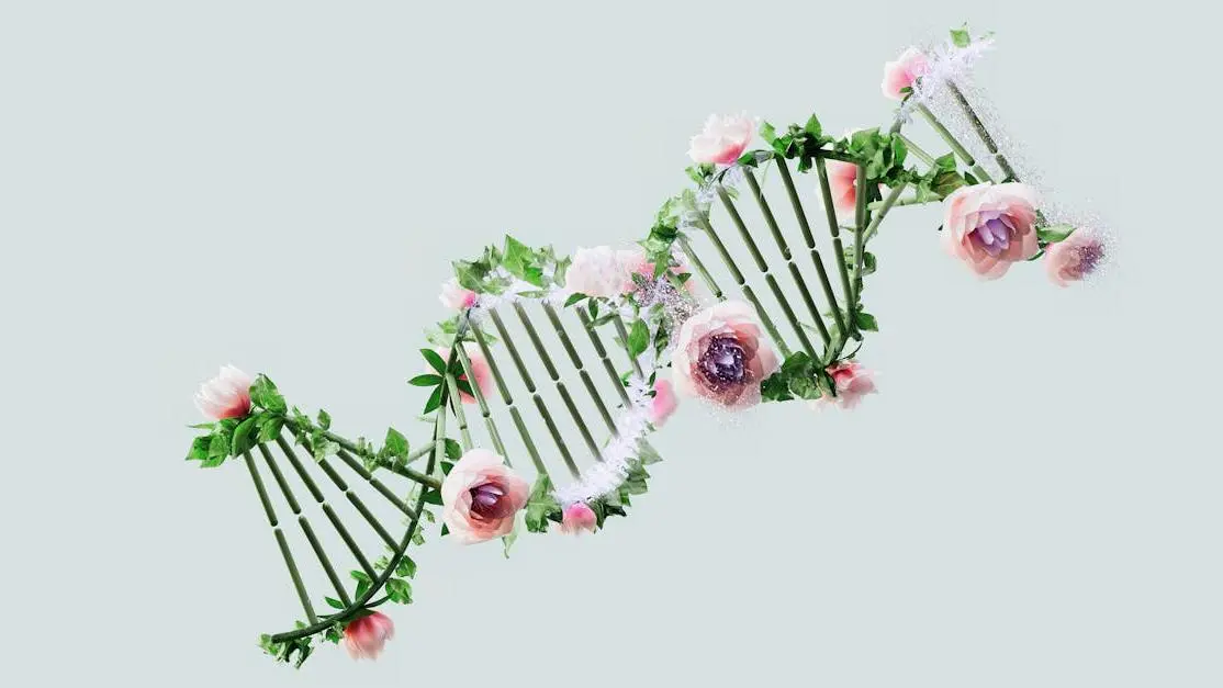 DNA helix with flowers and leaves symbolizing fluoride benefits for adults.