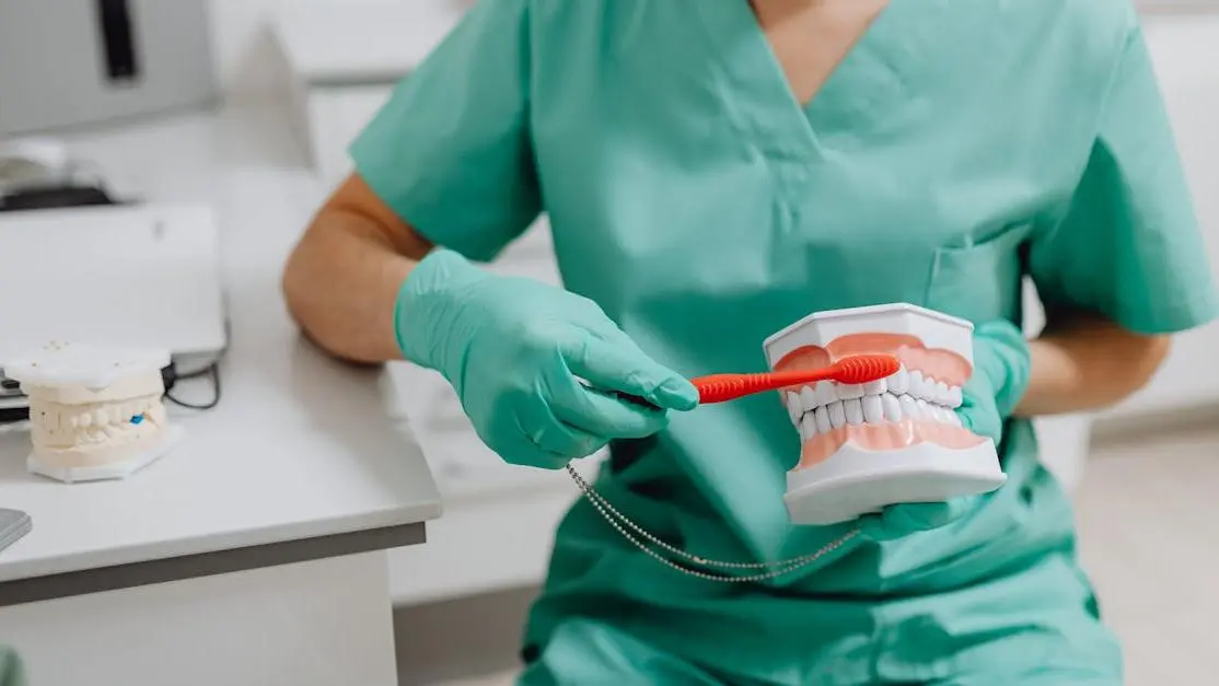 Dentist demonstrating how to brush teeth with braces.