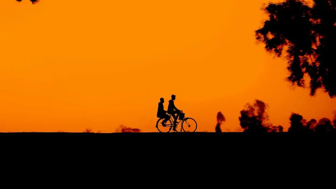 Silhouettes of cyclists at sunset, symbolizing life with missing all your teeth.